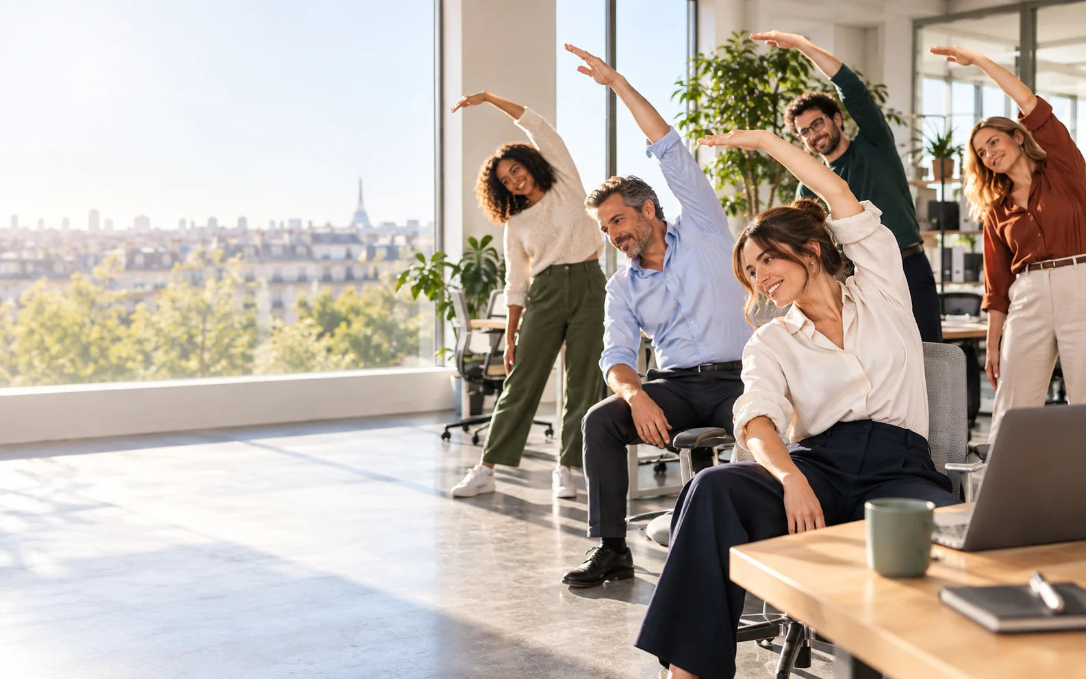 Collaborateurs prenant une pause mouvement au bureau